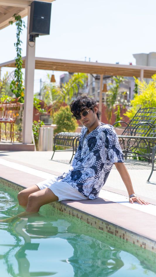 Oversized unisex shirt with blue and white floral print best for Goa trip