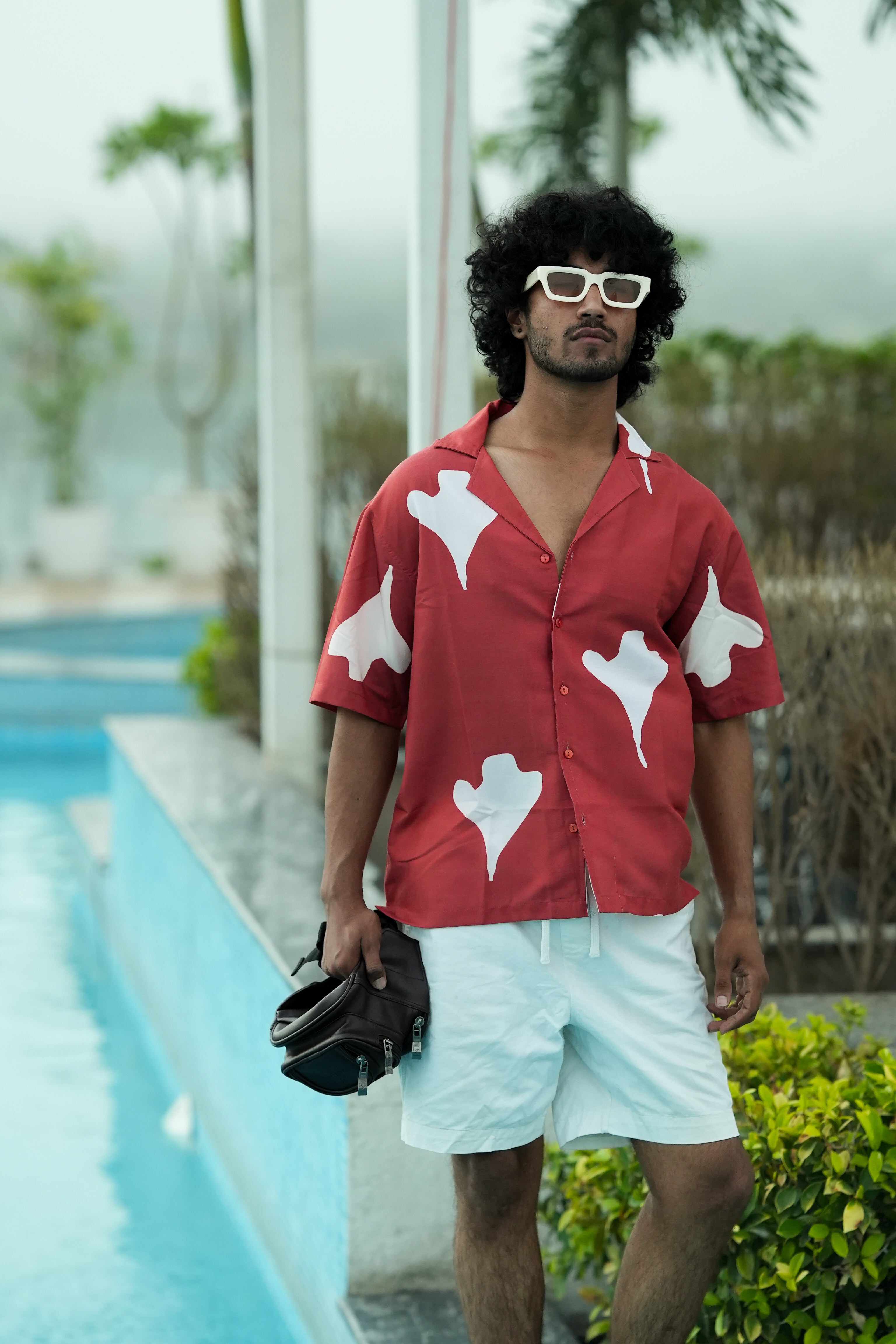 Red oversized unisex casual oversized shirt with white abstract print for daily wear by Emeey