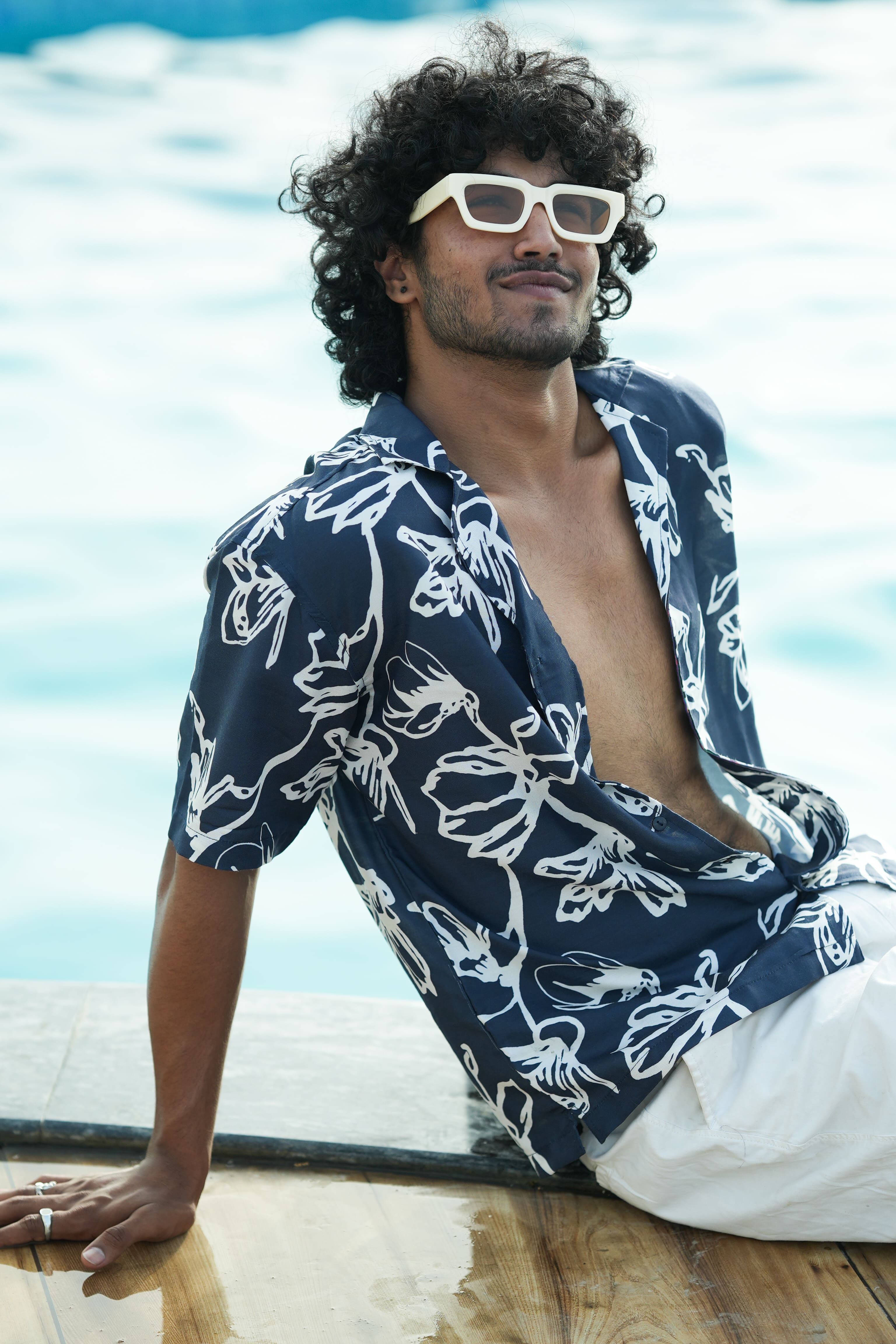 Twilight Leaves navy blue oversized unisex shirt with white floral print