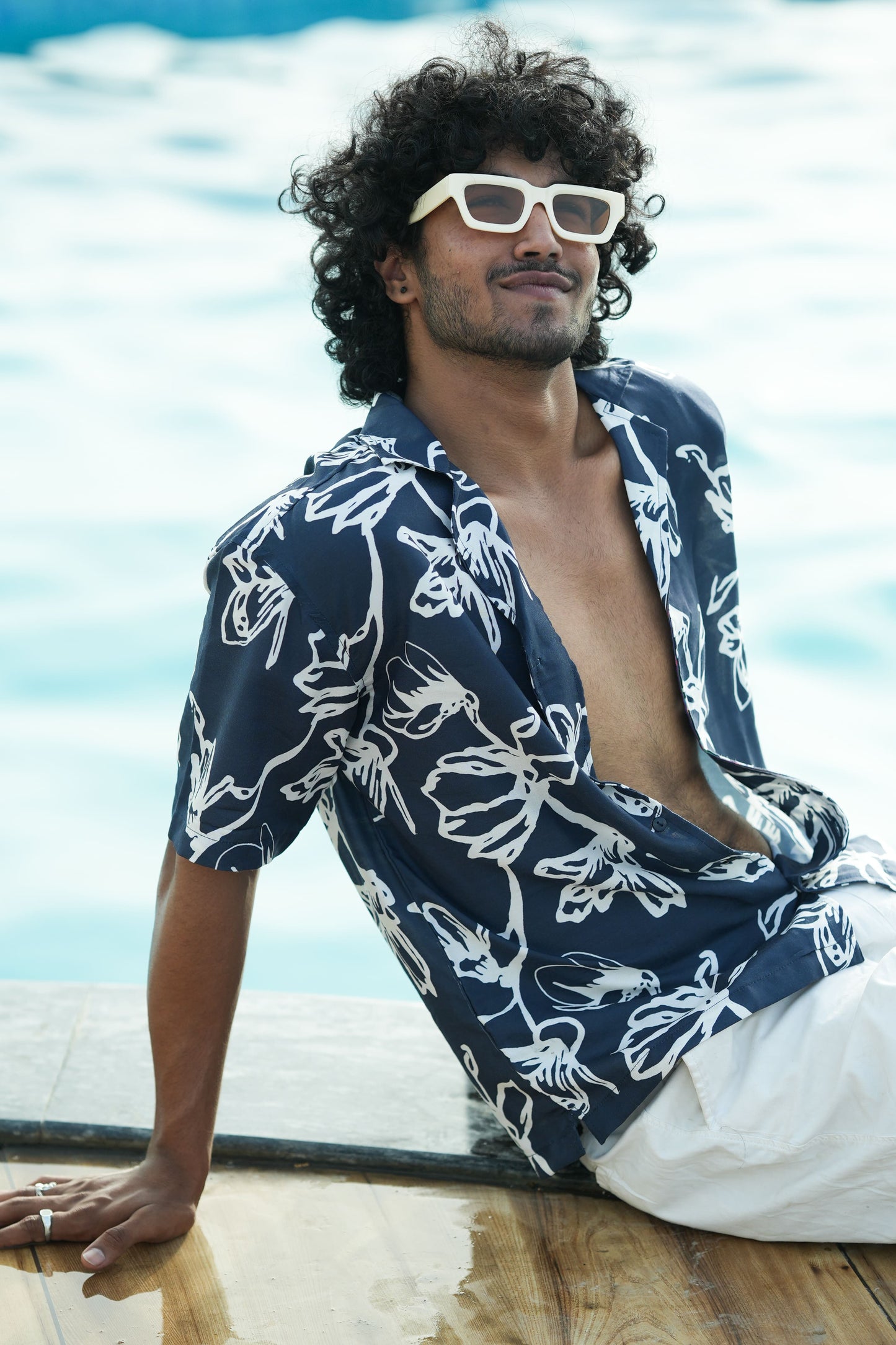 Twilight Leaves navy blue oversized unisex shirt with white floral print