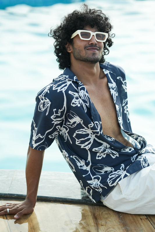 Twilight Leaves navy blue oversized unisex shirt with white floral print