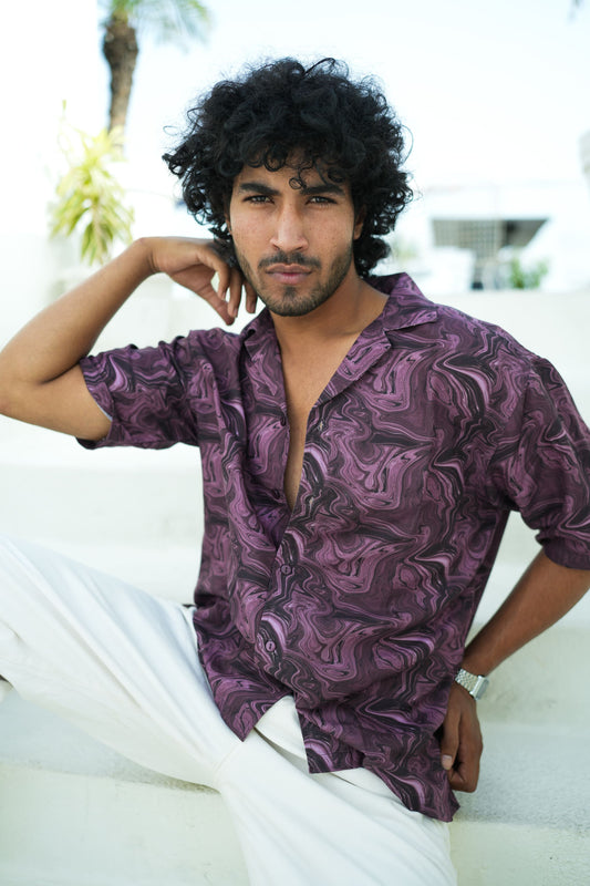 Oversized unisex shirt in purple marble swirl pattern